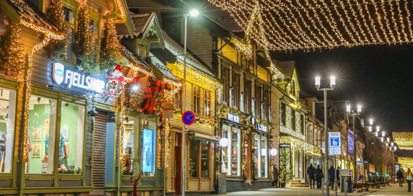 Main street in Tromsø decorated for Christmas