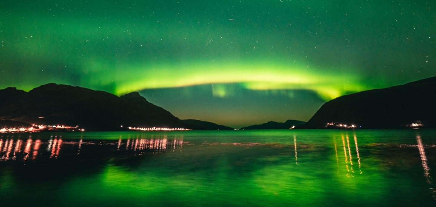 Northern lights above a fjord