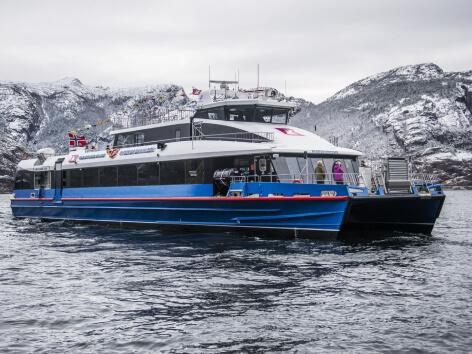 modern catamaran, MS Rygerdronningen, perfect for comfortable cruises  Lysefjorden RØDNE